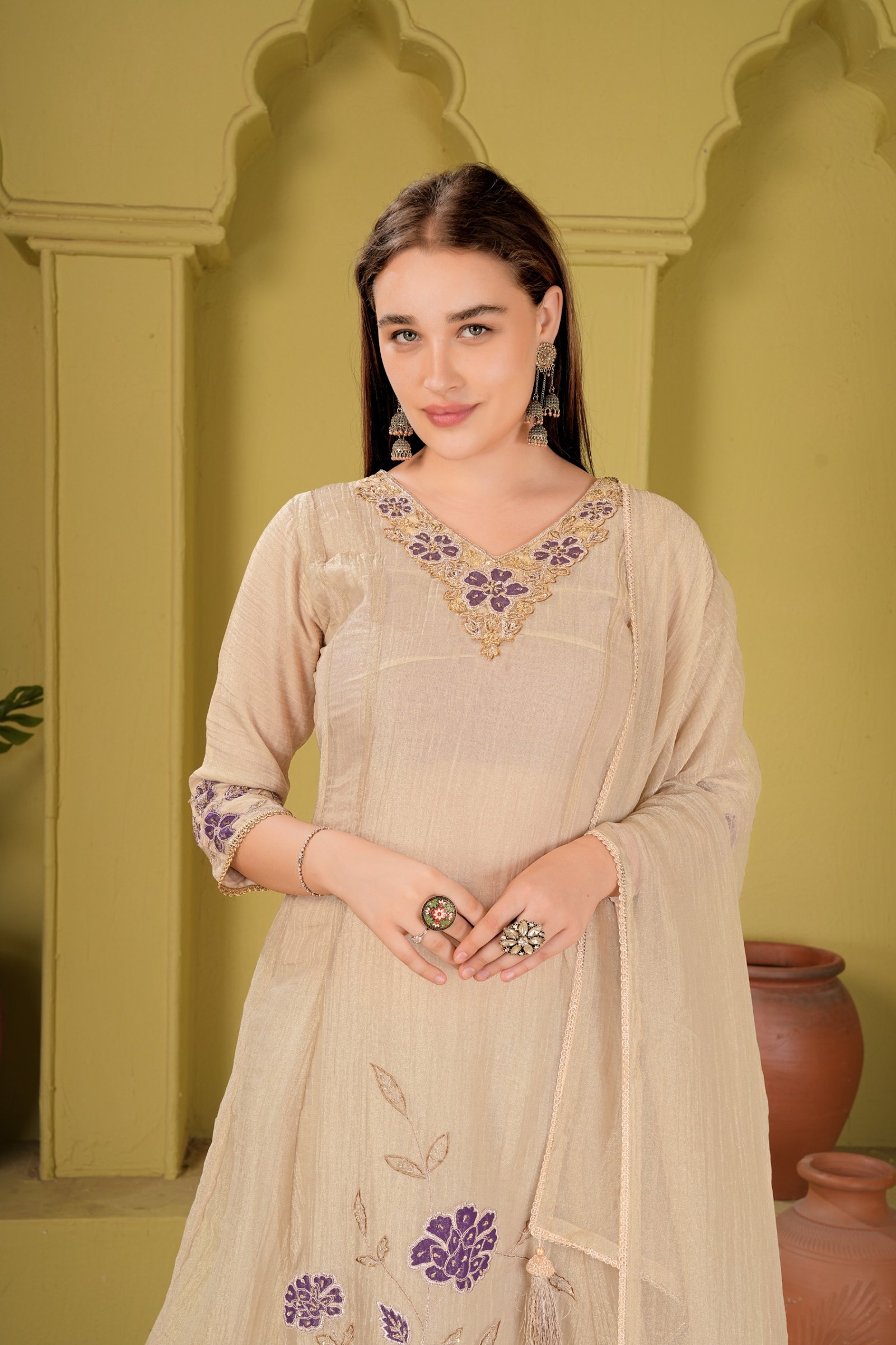 Kavya Regal Gold Roman Silk 3-Piece Festive Kurta Set