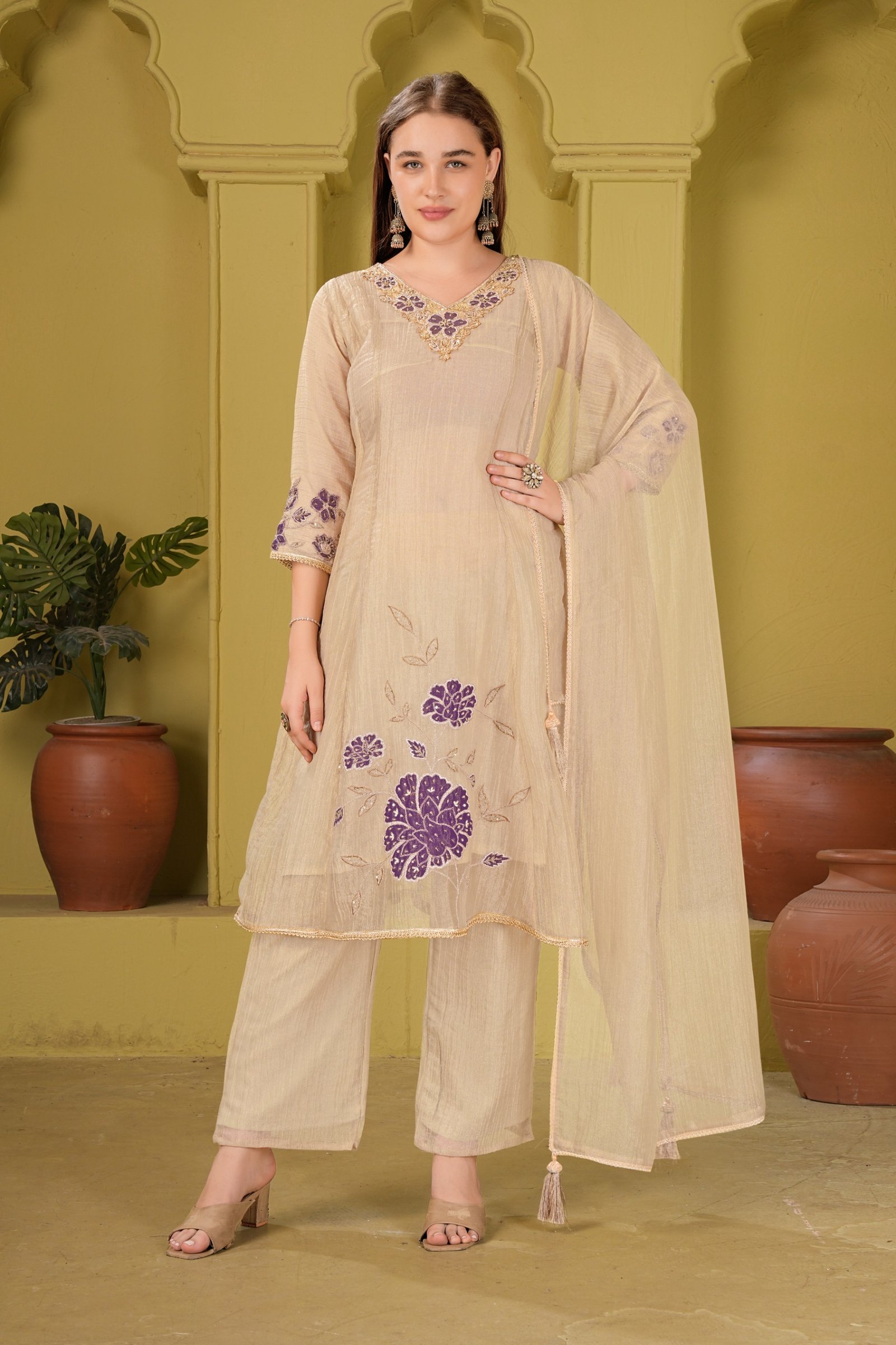 Kavya Regal Gold Roman Silk 3-Piece Festive Kurta Set - Image 3