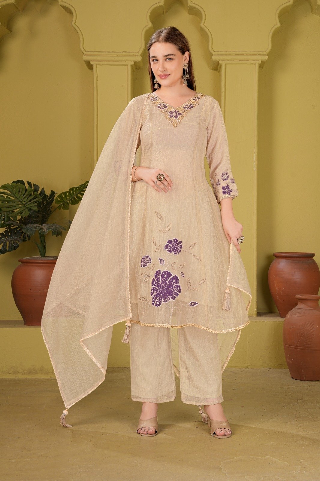 Kavya Regal Gold Roman Silk 3-Piece Festive Kurta Set - Image 2